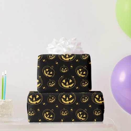 Black and Gold Jack_O Lanterns Black Halloween Wrapping Paper