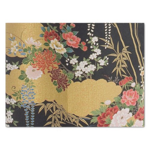 Black and Gold Japanese Kimono Floral Decoupage Tissue Paper