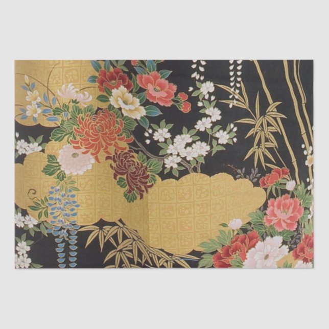 Black and Gold Japanese Kimono Floral Decoupage Tissue Paper (Front)