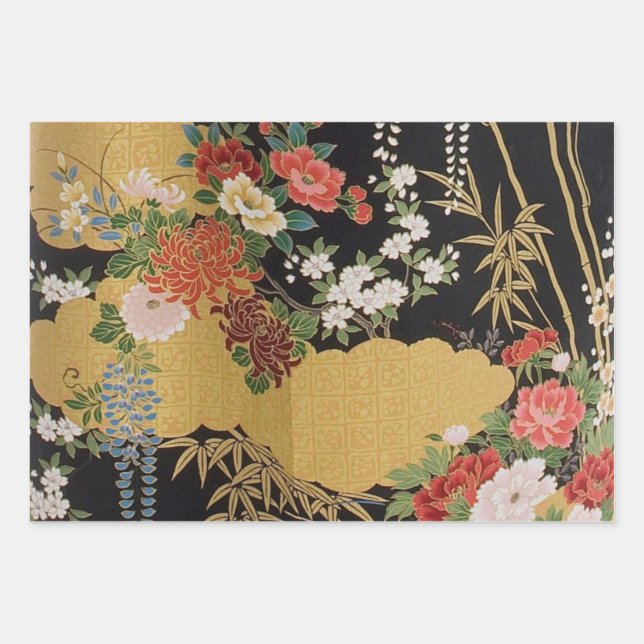 Black and Gold Japanese Kimono Floral Decoupage Wrapping Paper Sheets (Front)