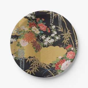 Black and Gold Japanese Kimono Floral Flower Paper Plates
