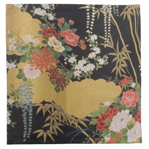 Black and Gold Japanese Kimono Floral Luxury Cloth Napkin