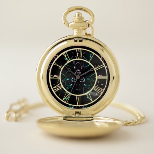 Black and Gold Jeweled Mandala Abstract Art Pocket Watch