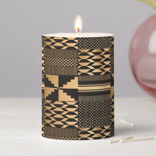 Black and Gold Kente Print  Pillar Candle (In Situ)