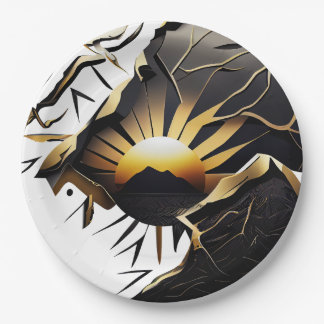 Black and Gold Kintsugi Style Sunrise Paper Plates