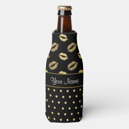 Black and Gold Kisses and Love Hearts Bottle Cooler