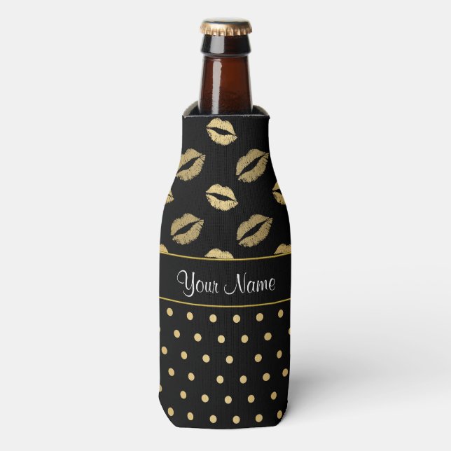Black and Gold Kisses and Love Hearts Bottle Cooler (Bottle Front)