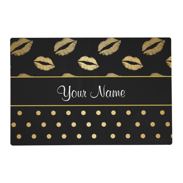 Black and Gold Kisses and Love Hearts Placemat (Front)