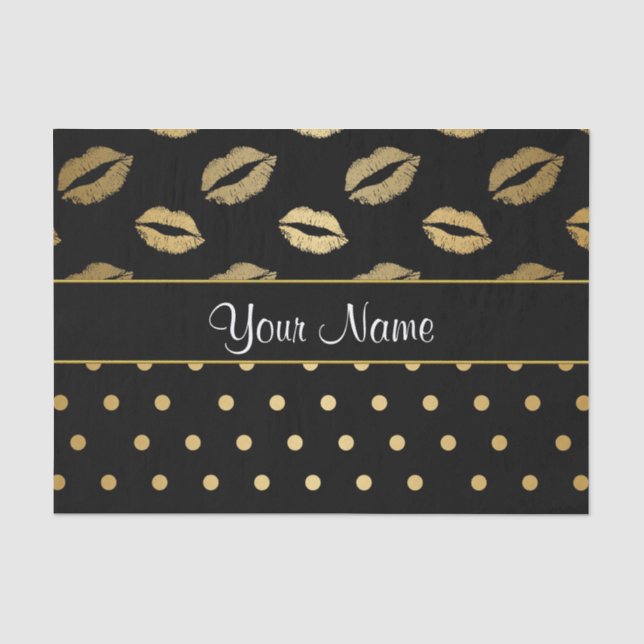 Black and Gold Kisses and Love Hearts Tissue Paper (Front)
