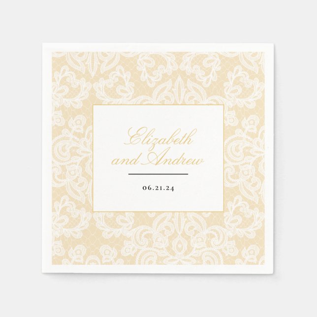 Black and Gold Lace Elegant Script Napkins (Front)