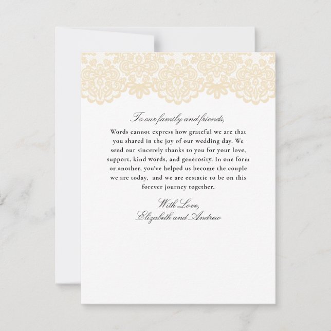 Black and Gold Lace Elegant Script Wedding Thank You Card (Front)