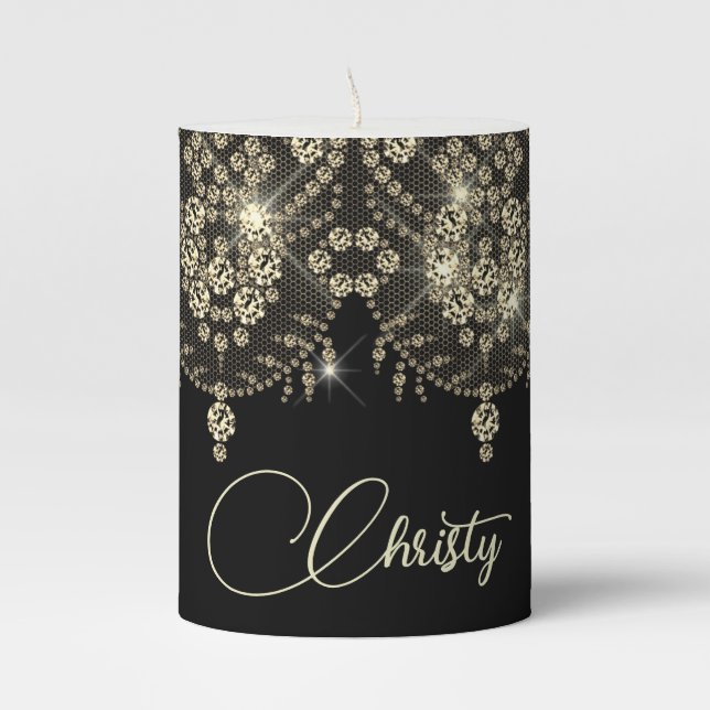 Black and gold lace elegant sparkle   mug pillar candle (Front)