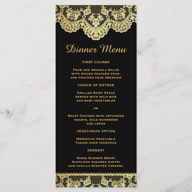 Black and Gold Lace Slim Dinner Menu (Front)