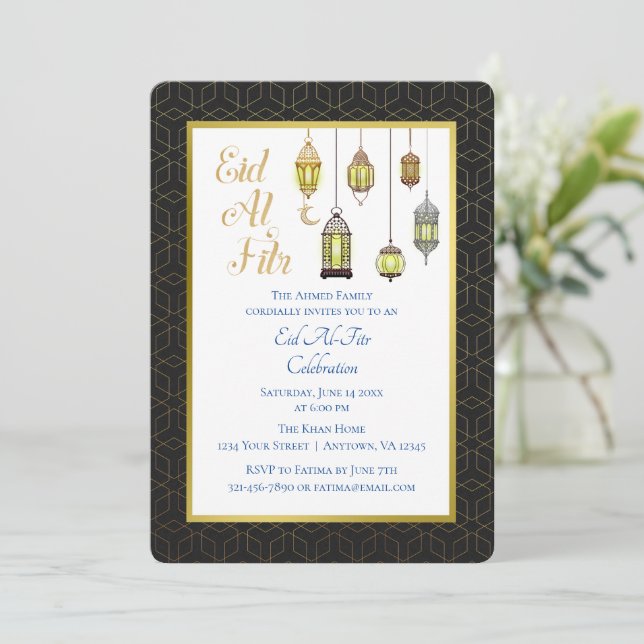 Black and Gold Lanterns | Eid Al Fitr Invitation (Standing Front)