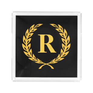 Black and Gold Laurel Wreath Monogram Acrylic Tray