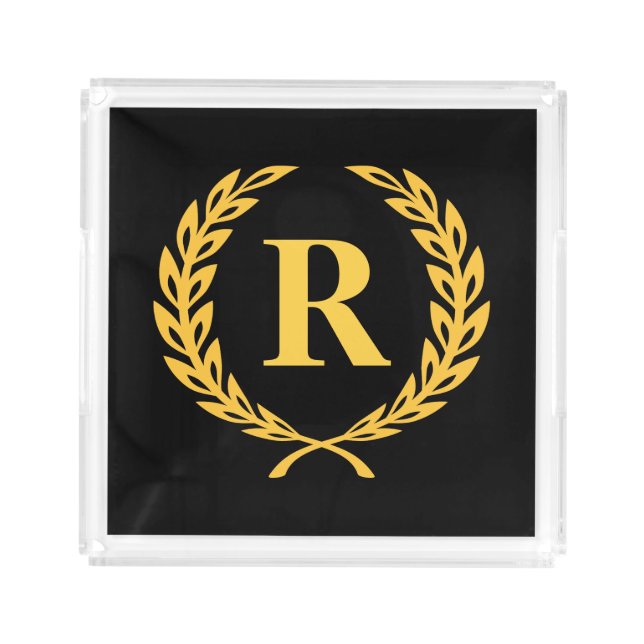 Black and Gold Laurel Wreath Monogram Acrylic Tray (Front)