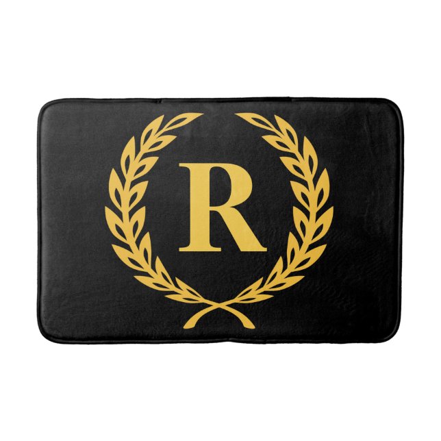 Black and Gold Laurel Wreath Monogram Bath Mat (Front)