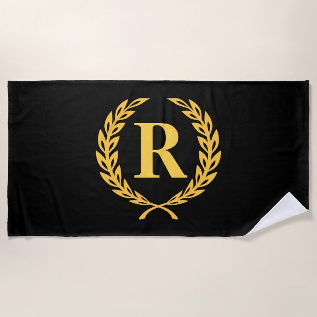 Black and Gold Laurel Wreath Monogram Beach Towel (Front)