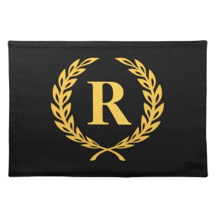 Black and Gold Laurel Wreath Monogram Cloth Placemat