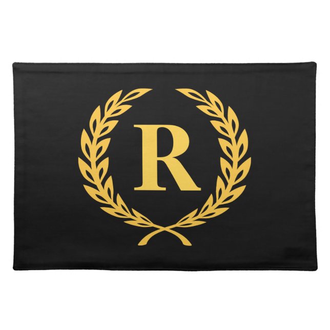 Black and Gold Laurel Wreath Monogram Cloth Placemat (Front)