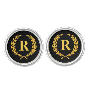 Black and Gold Laurel Wreath Monogram Cufflinks