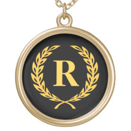 Black and Gold Laurel Wreath Monogram Gold Plated Necklace