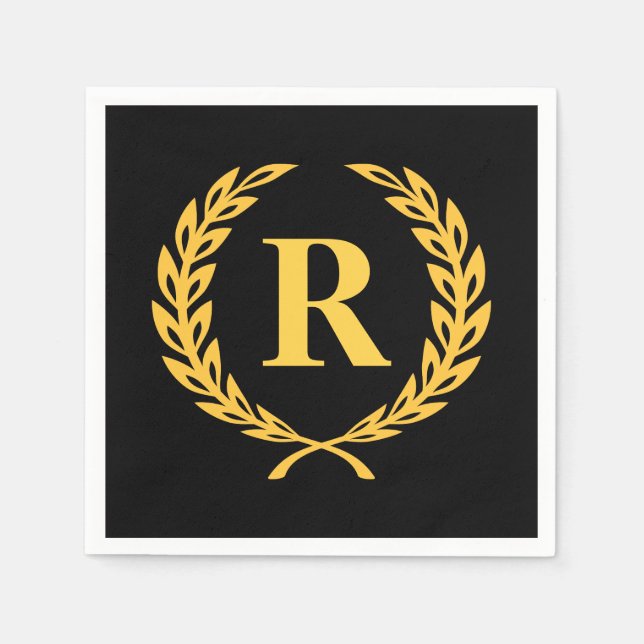 Black and Gold Laurel Wreath Monogram Napkins (Front)