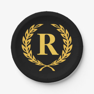 Black and Gold Laurel Wreath Monogram Paper Plates