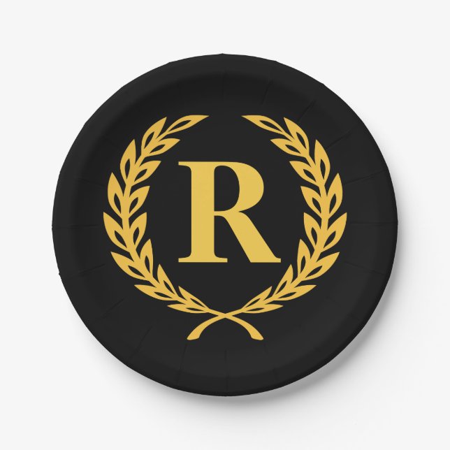 Black and Gold Laurel Wreath Monogram Paper Plates (Front)