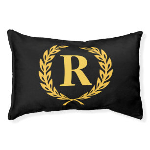 Black and Gold Laurel Wreath Monogram Pet Bed
