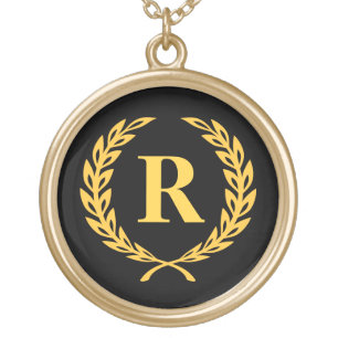 Black and Gold Laurel Wreath Monogram Plated Necklace