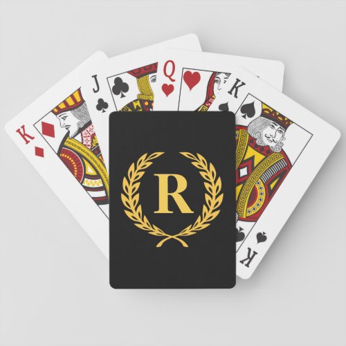 Black and Gold Laurel Wreath Monogram Poker Cards