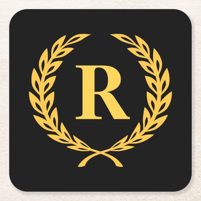 Black and Gold Laurel Wreath Monogram Square Paper Coaster (Front)