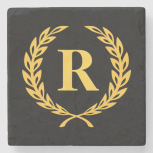 Black and Gold Laurel Wreath Monogram Stone Coaster