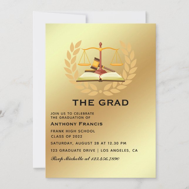 Black and Gold Lawyer Graduation Party Invitation (Front)