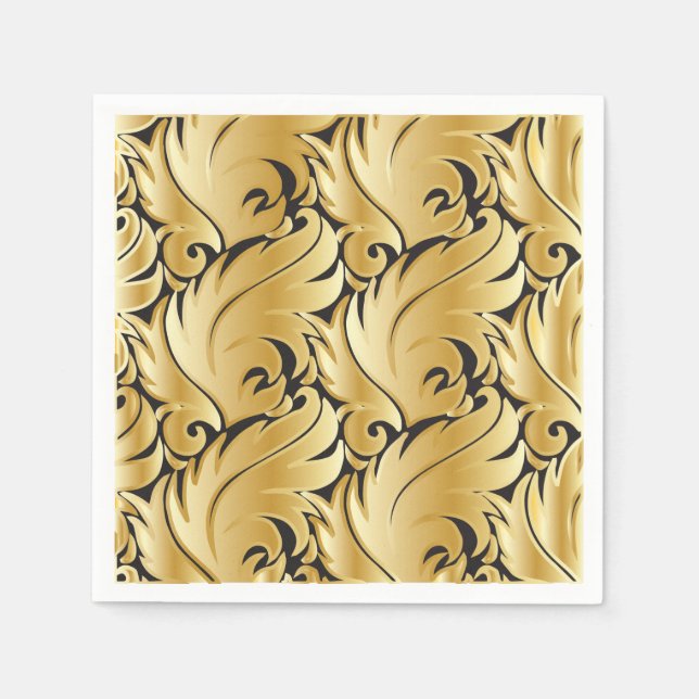 Black and Gold Leaf Design Napkins (Front)