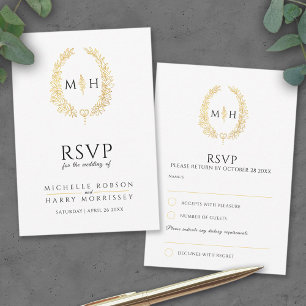 Black and gold leaf oval wreath RSVP wedding Card
