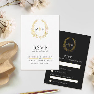 Black and gold leaf oval wreath RSVP wedding Card