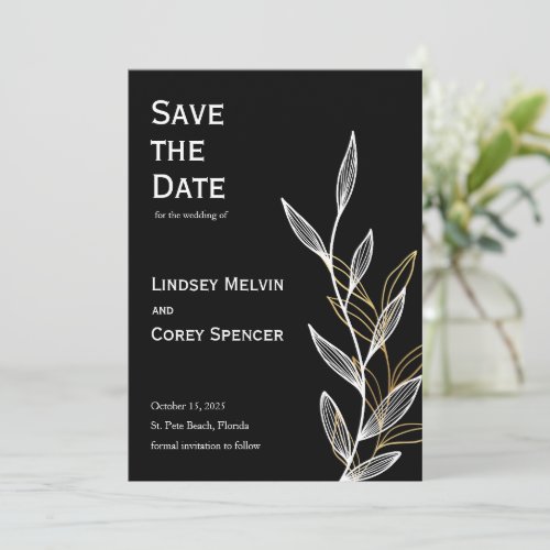 Black and Gold Leaf Wedding Save the Date Invitation