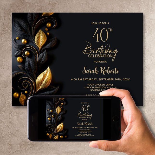 Black and Gold Leaves 40th Birthday Party Invitation (Creator Uploaded)