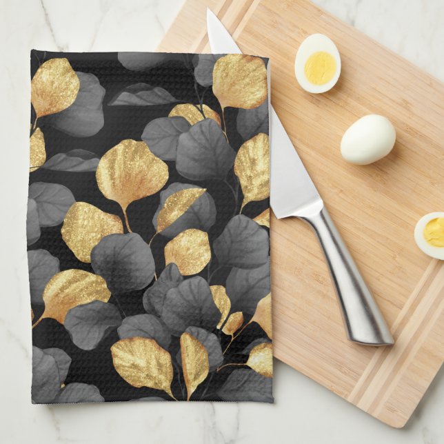 Black and gold leaves. Pattern Kitchen Towel (Quarter Fold)