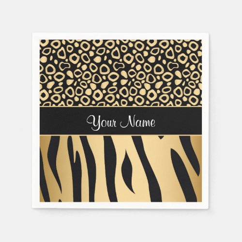 Black and Gold Leopard and Zebra Pattern Paper Napkins