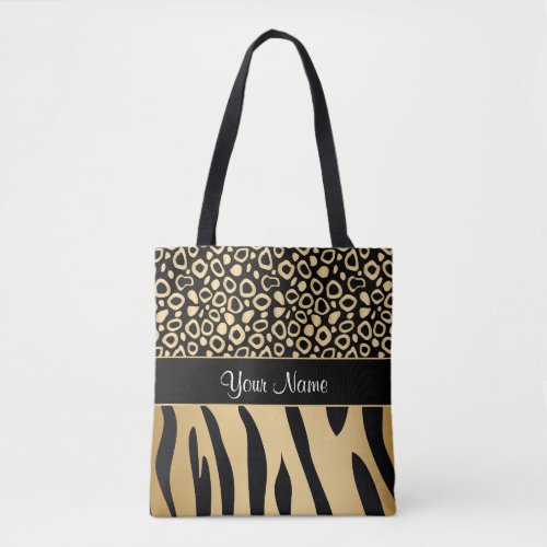 Black and Gold Leopard and Zebra Pattern Tote Bag