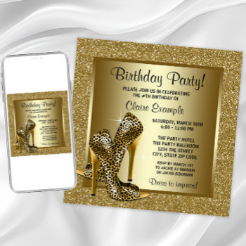 Black And Gold Leopard High Heel Birthday Party Invitation by Pure_Elegance at Zazzle