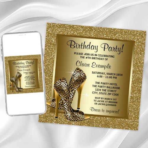 Black and Gold Leopard High Heel Birthday Party Invitation