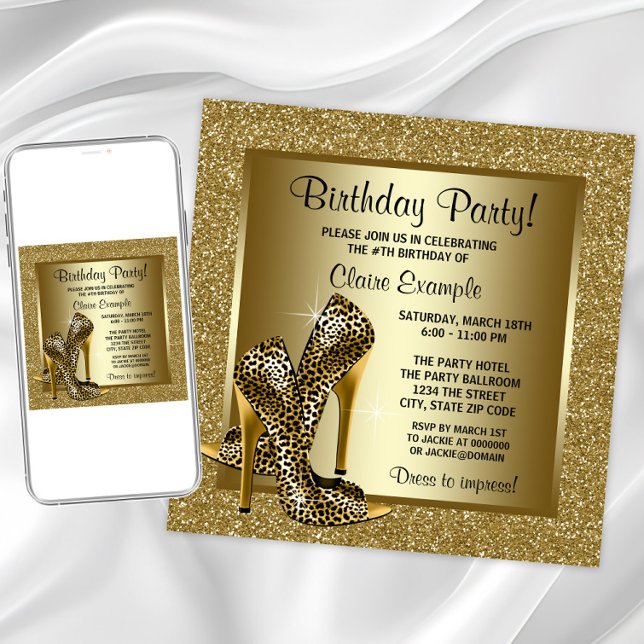 Black and Gold Leopard High Heel Birthday Party Invitation (Elegant gold leopard shoe any occasion invitation. Instant download & printed invitations available.)