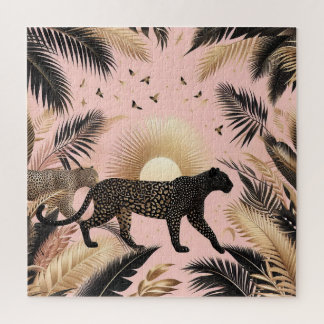 Black and Gold Leopard Pink Background Jigsaw Puzzle