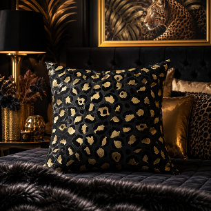 Black and Gold Leopard Print Animal Pattern Throw Pillow