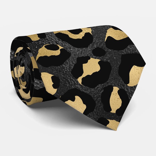 Black and Gold Leopard Print Neck Tie (Rolled)