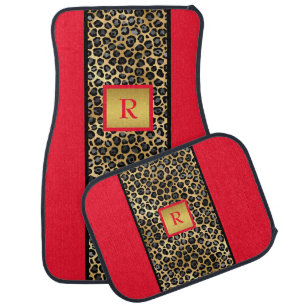 Black and Gold Leopard Print - Red - Monogrammed Car Floor Mat